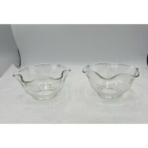 2 Clear Glass Bowl Ruffled Edge Flower Shape Candy Dish Dessert Fruit Bowl VTG